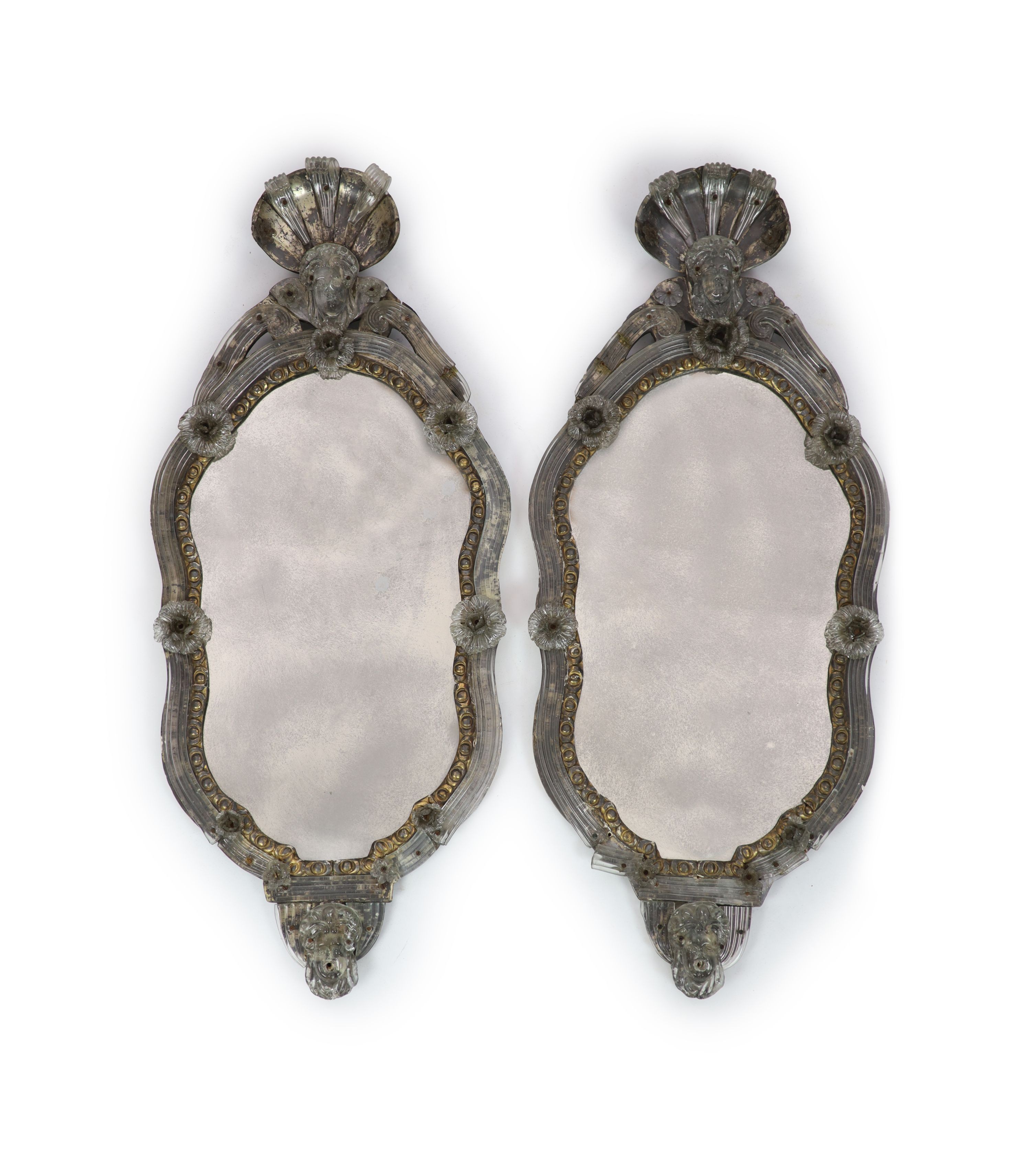 A pair of 19th century Venetian glass and silvered wood wall mirrors, W.51cm H.118cm
